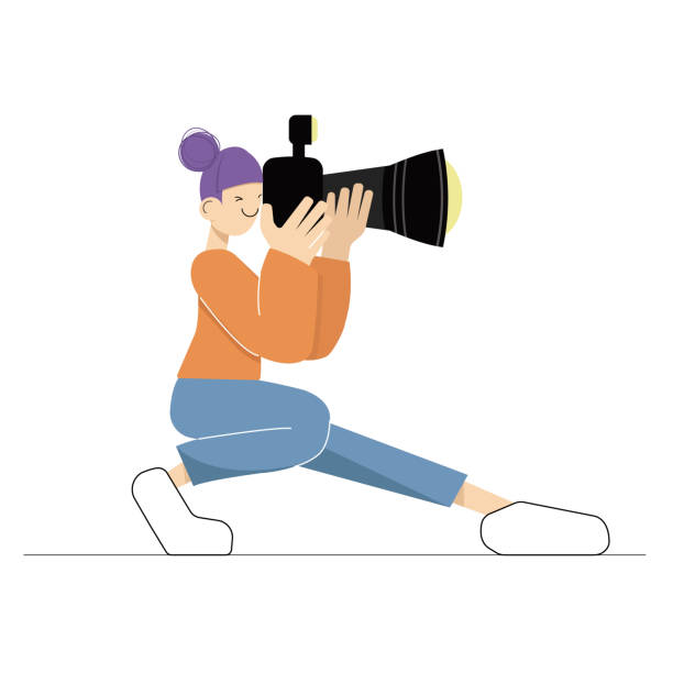 Pretty cartoon girl photographer holding a camera in her hand. Aspiring female photographer in sitting. Pretty cartoon girl photographer holding a camera in her hand. Aspiring female photographer in sitting. Vector illustration in flat style, isolated on white background. hobbies photos stock illustrations