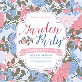 Pretty feminine Pink and Blue Garden Party Invitation Template. Branches of lilacs are arranged in groups. There is a section for text. Ideal for bridal or baby showers,wedding invitations, garden party or tea parties. Soft feminine colors.