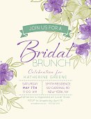 Watercolor feminine bridal shower Party Invitation Template. There are purple watercolour flowers and leaves. There is a room for text. Ideal for bridal or baby showers,wedding invitations, garden party or tea parties. Soft feminine colors.