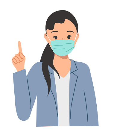 Pretty light-skinned girl in protective mask makes an offer to business clients, explains something. Illustration about inspiration and ideas for business, marketing, SEO
