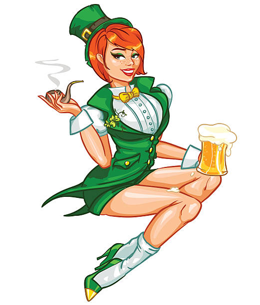 Pretty Pin Up Girl with beer mug and smoking pipe Beautiful leprechaun girl with beer, St. Patricks Day Pin Up Girl irish women stock illustrations