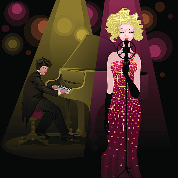 pretty singer lady and pianist on stage vector art illustration