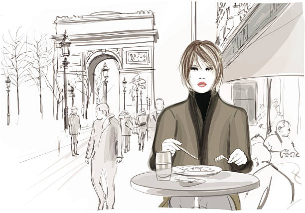 stockillustraties, clipart, cartoons en iconen met pretty woman having a lunch at the champs-elysees in paris - walking with coffee