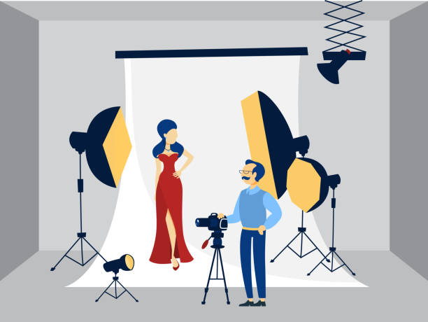 Pretty woman in red dress making photoshoot on the white background with various Pretty woman in red dress making photoshoot on the white background with various equipment around such as softbox and camera. Flat vector illustration electric lamp photos stock illustrations