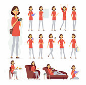 Pretty woman - vector cartoon people character set isolated on white background. Cute girl in casual clothes in different poses situations, at home, at work, having dinner, relaxing on a sofa