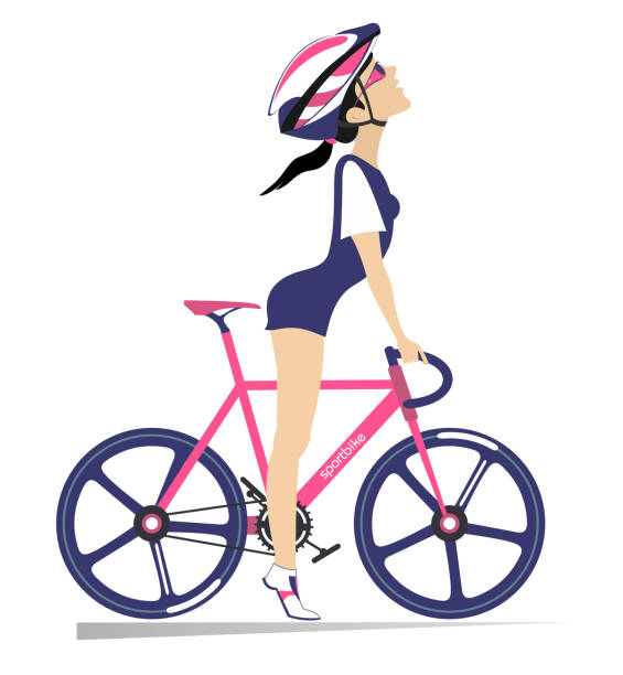 Pretty young woman rides a bike vector art illustration