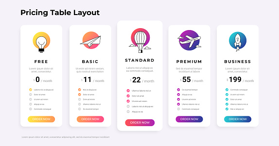 Pricing table. Products comparison chart list. Advertising banner with columns of checklist and price compare. Business host tags template. Promotion order infographic. Vector web layout