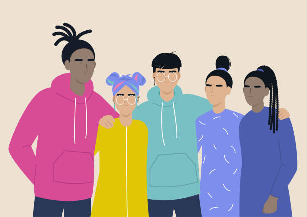 LGBTQ pride, a diverse group of people hugging each other, love is love, lesbian, gay, bisexual, transgender queer community LGBTQ pride, a diverse group of people hugging each other, love is love, lesbian, gay, bisexual, transgender queer community teenagers stock illustrations