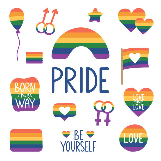 Pride month hand drawn icons. Tolerance day card. LGBTQ stickers set with hand lettering. Pride flag. LGBTQ design elements. Rainbow sign. Gay parade symbols. Vector illustration Pride month hand drawn icons. Tolerance day card. LGBTQ stickers set with hand lettering. Pride flag. LGBTQ design elements. Rainbow sign. Gay parade symbols. Vector illustration. nyc pride parade stock illustrations