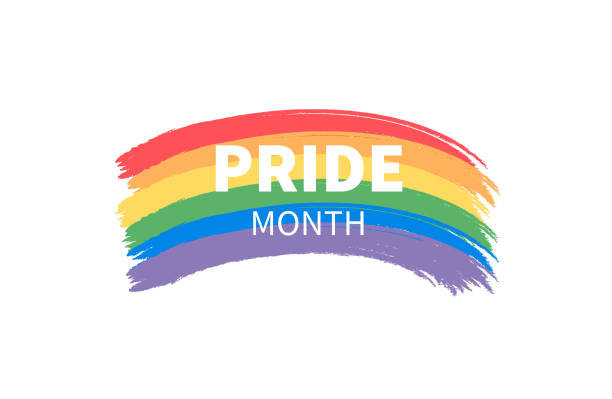 pride month lettering on grunge brush strokes rainbow flag. lgbtq multicolored. pride month in june. vector illustration - europride 幅插畫檔、美工圖案、卡通及圖標