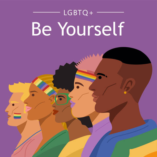 pride month. portrait of young lgbtq people. vector illustration - progress pride flag 幅插畫檔、美工圖案、卡通及圖標