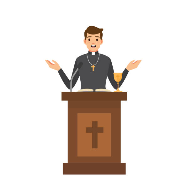 ilustrações de stock, clip art, desenhos animados e ícones de priest giving speech from tribune.catholic preacher character isolated on white background. - pastor