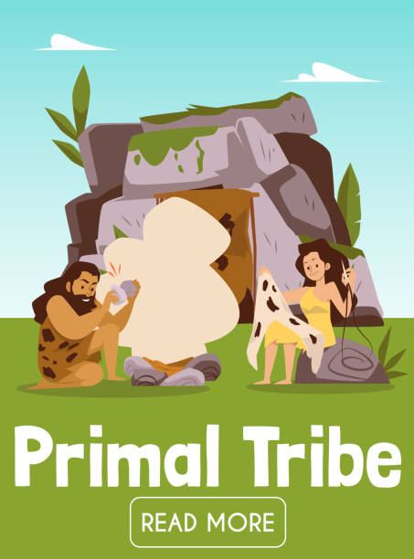 ilustrações de stock, clip art, desenhos animados e ícones de primal tribe life banner with cave people characters flat vector illustration. - fire caveman