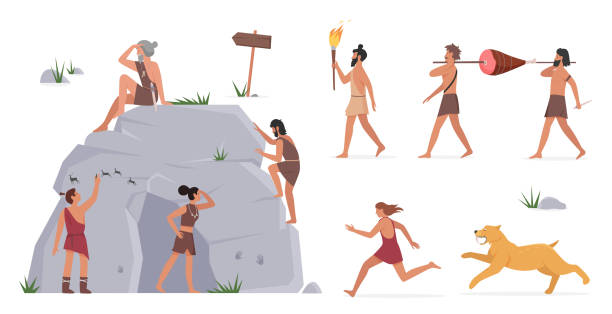 ilustrações de stock, clip art, desenhos animados e ícones de primal tribe people standing with cave, painting, caveman running away from tiger set - fire caveman