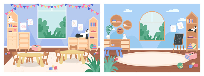 Primary school classroom with no people flat color vector illustration set