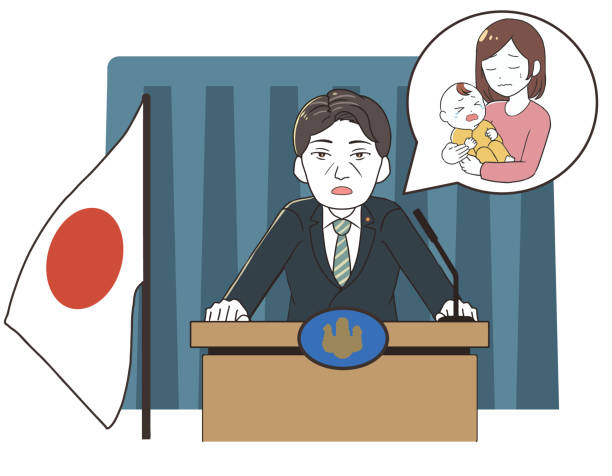 首相のインタビュー 子育て対策 母 - インタビュー　日本人点のイラスト素材／クリップアート素材／マンガ素材／アイコン素材