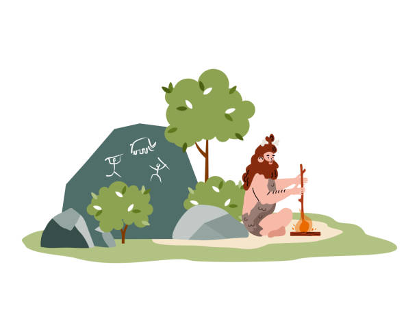 ilustrações de stock, clip art, desenhos animados e ícones de primitive cave man of stone age sitting near fire and rock with art drawings. - fire caveman