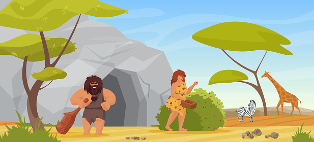 Primitive couple people, hunter caveman holding club for hunting, woman picking berries