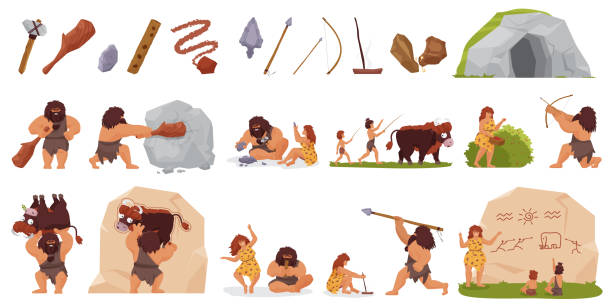 ilustrações de stock, clip art, desenhos animados e ícones de primitive people hunt set, wild caveman hunting with stick club bow spear, woman cooking - fire caveman