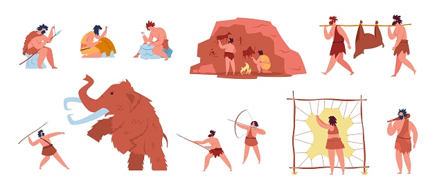 Primitive people life, prehistoric characters hunting mammoth. Caveman making tools and cave art, stone age hunters with weapons vector set