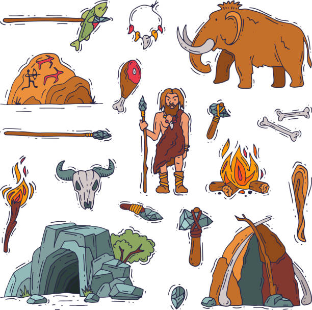ilustrações de stock, clip art, desenhos animados e ícones de primitive people vector primeval neanderthal character and ancient caveman fire in stone age cave illustration prehistoric man with stoned weapon and mammoth set isolated on white background - fire caveman