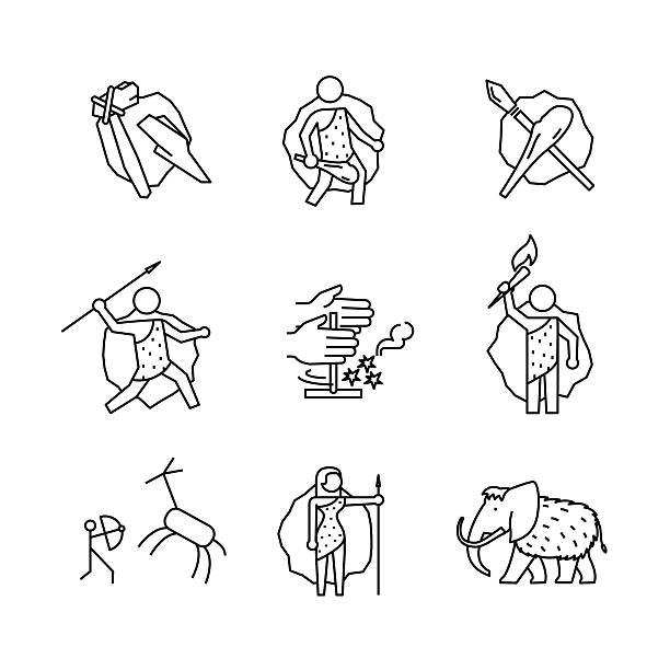ilustrações de stock, clip art, desenhos animados e ícones de primitivo pré-histórica homem das cavernas conjunto de sinais de idade - fire caveman