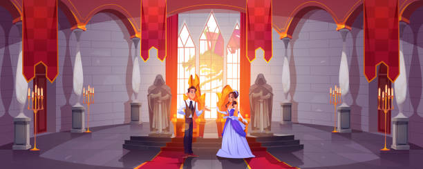 stockillustraties, clipart, cartoons en iconen met prins en prinses in troonzaal bij kasteelzaal - castle couple