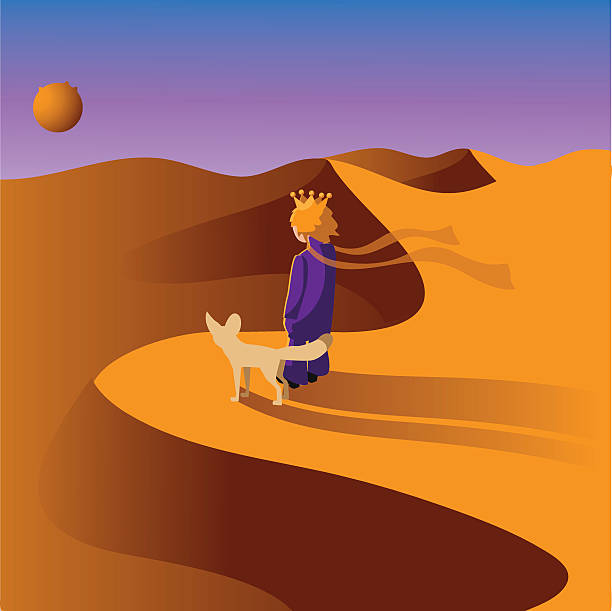 Prince in the desert with a fox. vector art illustration