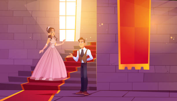 stockillustraties, clipart, cartoons en iconen met prince invite princess for dance in castle hall - castle couple