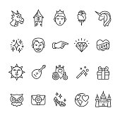 20 Outline style black and white icons / Set #46
Pixel Perfect Principle - all the icons are designed in 64x64px grid, outline stroke 2px.

CONTENT BY ROWS

First row of icons contains:
Dragon, Tower, Princess, Rose, Unicorn;

Second row contains:
Stardust, Prince Groom, Victorian Hand Pointer, Diamond, Heart and Love;

Third row contains:
Victorian Sun Face, Mandolin and Serenade, Carriage, Magic Wand, Gift box; 

Fourth row contains:
Wise Owl, Love letter, Glass slipper, World peace, Castle.

Complete Unico PRO collection - https://www.istockphoto.com/collaboration/boards/dB-NuEl7GUGbQYmVq9IlDg