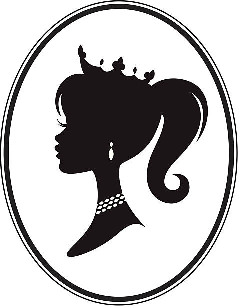 Princess Cameo The silhouette of a princess with a crown, necklace and earrings.  cameo brooch stock illustrations
