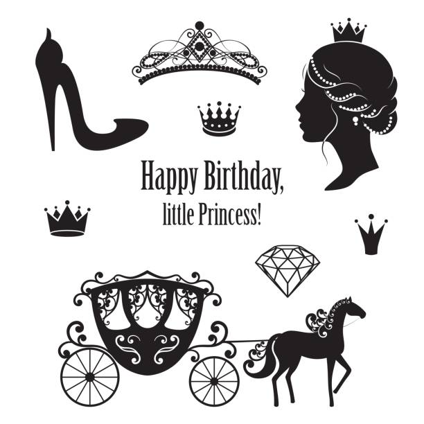Princess Cinderella set collections. Princess Cinderella set collections. Crowns, diadem, carriage, woman profile, high-heeled shoe, text in black color. Vector illustration. Isolated on white background. For birthday card design birthday silhouettes stock illustrations