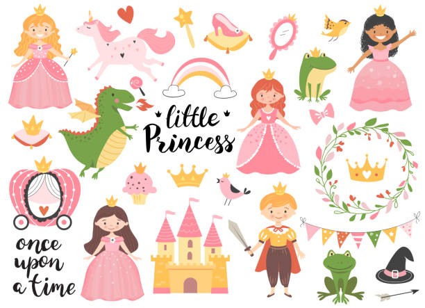 Princess collection. Princess collection with golden crown, castle, dragon and frog. Hand drawn childish illustration. cute frog stock illustrations