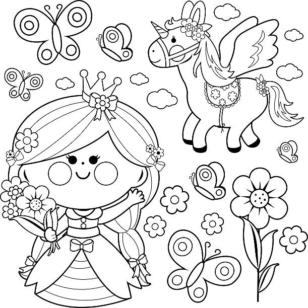 Princess fairytale set coloring page Beautiful princess holding spring flowers, unicorn and butterflies vector set. Black and white coloring page illustration flower coloring pages stock illustrations