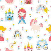 Princess seamless pattern with unicorn, swan, castle and rainbow. Vector illustration of a girl in a fairy kingdom in a hand-drawn cartoon style. The pastel palette is ideal for baby clothes textiles.
