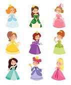 Cute collection of beautiful princesses vector character set. Collection adorable elegance style princess little girls. Princess fashion fairytale costume, magic fantasy cute dress crown girl.