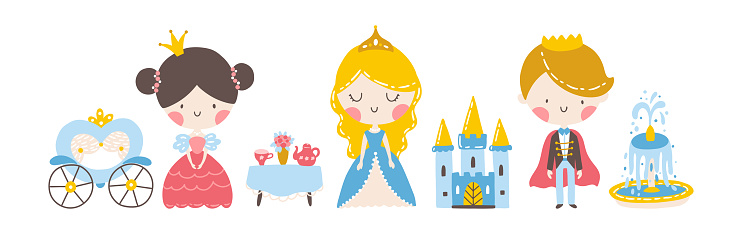 Princesses and prince set with a castle, carriage, tea table. Cute girl and boy characters. Vector illustration in simple hand-drawn Scandinavian style in pastel palette for printing baby clothes.