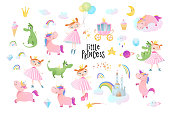 Princesses, dragons and unicorns. Vector collection.