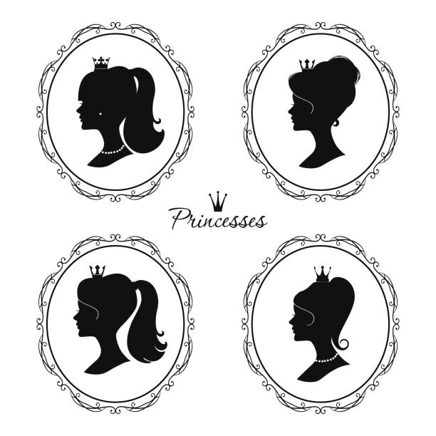 Princesses profile set. Beautiful female silhouettes. Princesses profile set. Beautiful female silhouettes. Vector cameo brooch stock illustrations