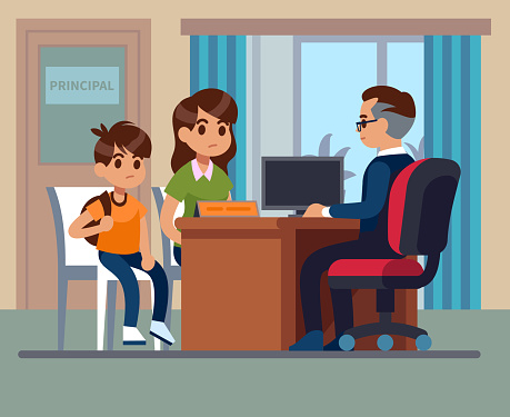 Principal school. Parents kids teacher meeting in office. Unhappy mom, son talk with angry principal. School education