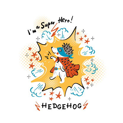 Print Design Card for Kids with Funny Cute Hedgehog in Mask and Superhero Cape. Cartoon Doodle Animal. Colorful T-shirt Print or Poster design for Children Vector Illustration