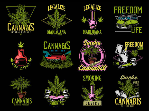 Print set cannabis design Vintage graphic set green cannabis marijuana hemp medical weed device joint for smoking old school car graphic design print t shirt sweatshirt banner phrases for embroidery on clothes illustration. bongascam stock illustrations