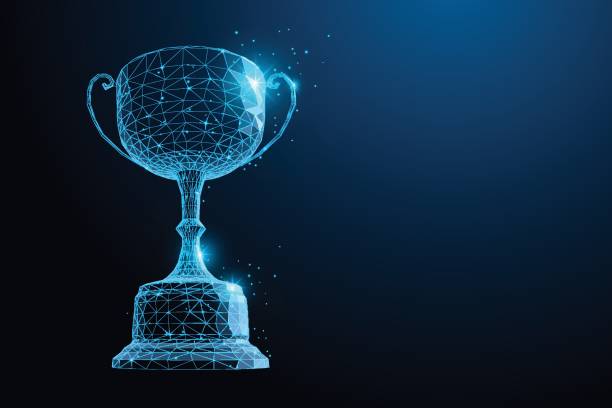 Print Abstract Trophy cup form lines, Low Poly, point connecting network on blue background. trophy award stock illustrations