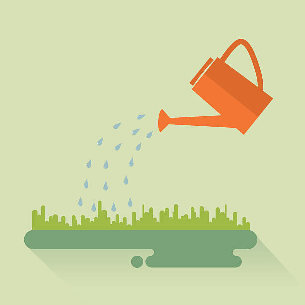 Print Flat color watering can sprays water drops above lawn. watering can stock illustrations