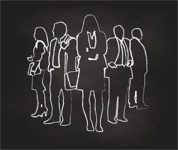 Print Chalkboard drawing of a business team with business woman at the front of the group board of directors stock illustrations