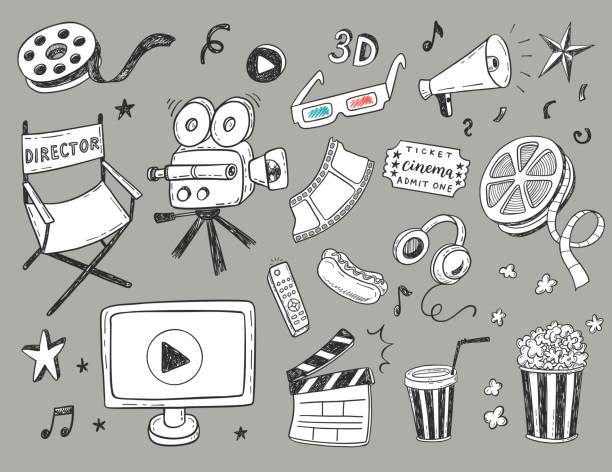 Print Hand drawn Cinema doodle icons set movie drawings stock illustrations