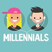 Millennials conceptual sign: young boy and girl sharing one pair of earphones / editable flat vector illustration