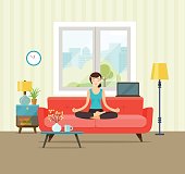 Woman meditating. Living room. Woman in yoga pose, lotus position. Vector flat illustration isolated