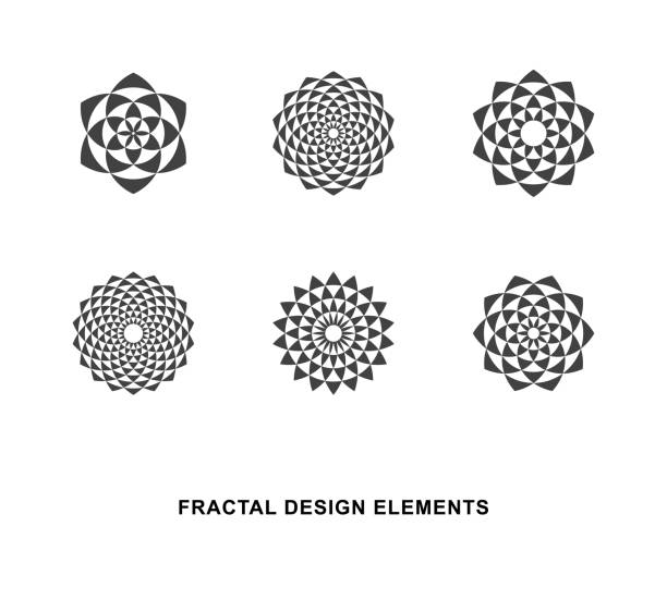 Print Set of Black and White Circular Fractal Design Elements. Digital flower. Vector illustration. kaleidoscope stock illustrations