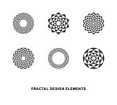 Set of Black and White Circular Fractal Design Elements. Digital flower. Vector illustration.